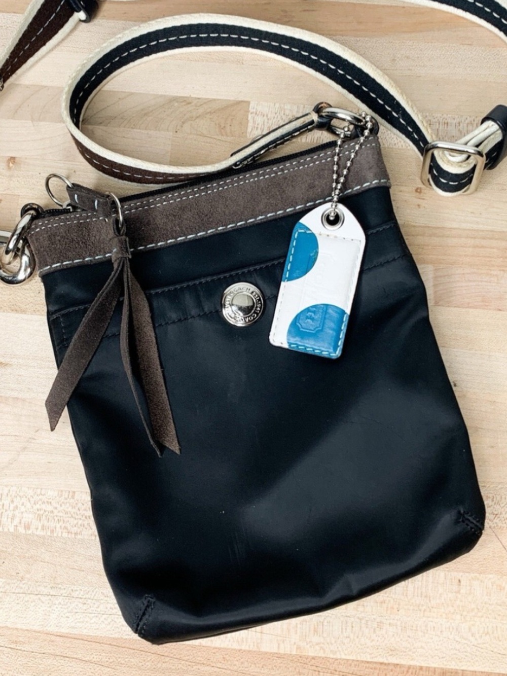 Coach Black Nylon Mini Crossbody with Brown Suede Trim and Blue/White Tag